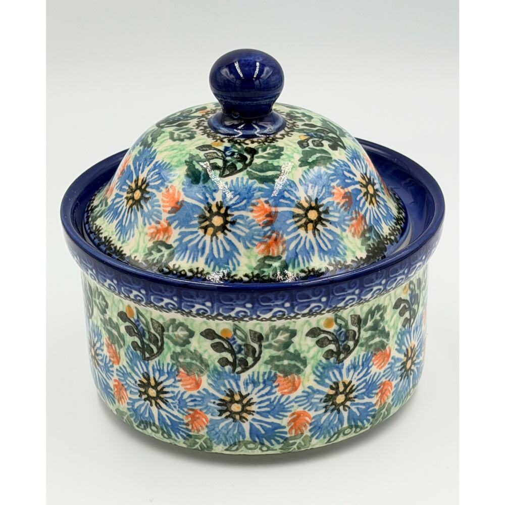 Unikat Polish Pottery E. Karbownik 6' Lidded Bowl Blue Wreath Jar - Picture 2 of 8